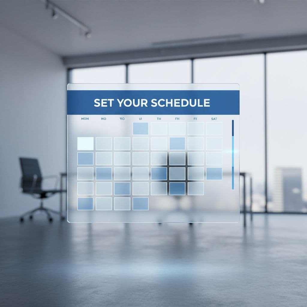 A Clean 3D Calendar Interface Floats Within A Modern Office Setting. The Header Features A Bold Blue Band With The Headline Set Your Schedule, Rendered In A Crisp Sans-Serif Font.