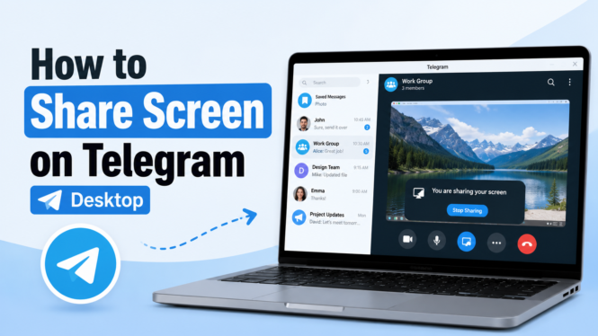 Please Generate A Feature Image For My Blog. It Must Have Youtube Thumbnail Size 169 (How To Share Screen On Telegram Desktop