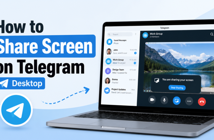 Please Generate A Feature Image For My Blog. It Must Have Youtube Thumbnail Size 169 (How To Share Screen On Telegram Desktop